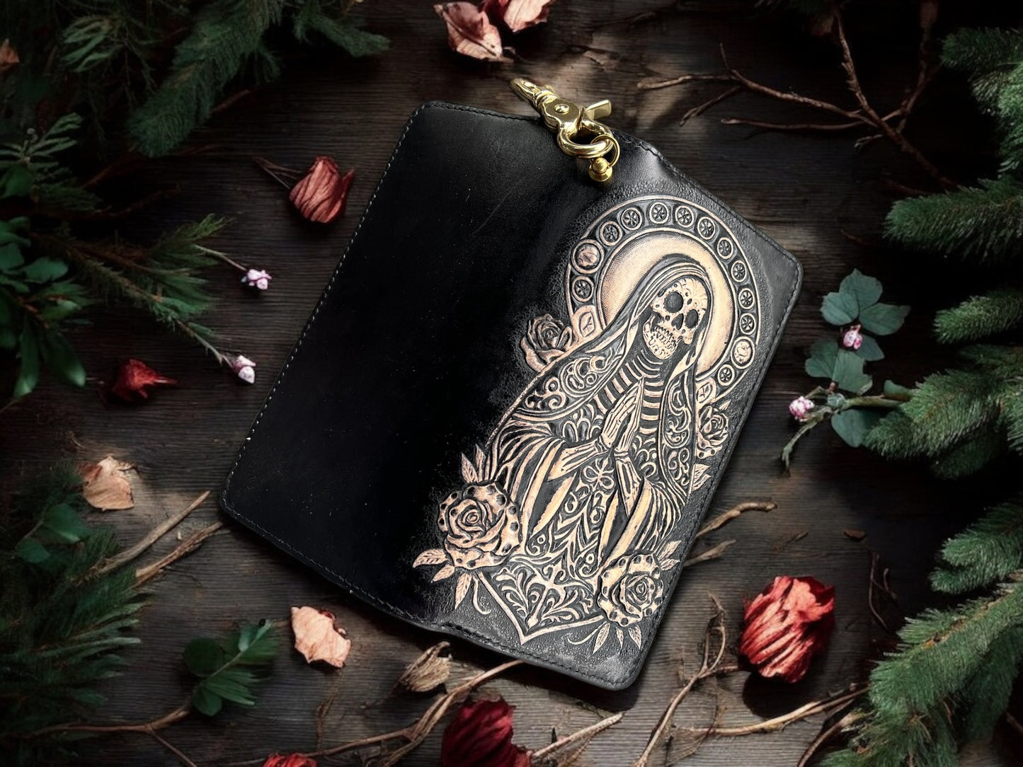 Santa Muerte Leather Carving Long Wallet