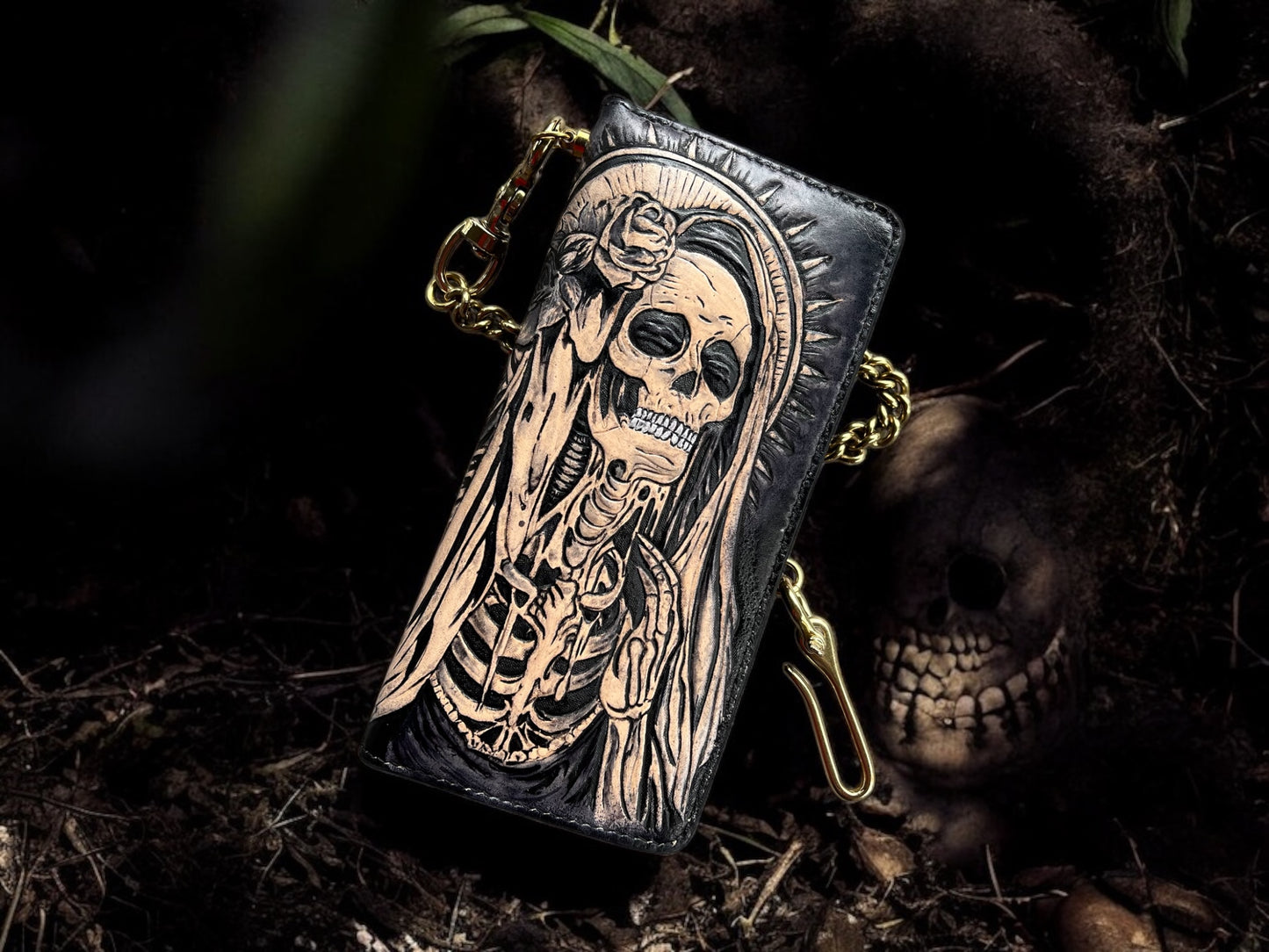 Santa Muerte Leather Carving Long Wallet