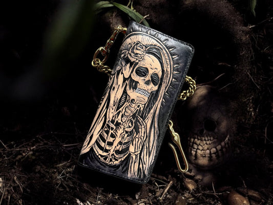 Santa Muerte Leather Carving Long Wallet