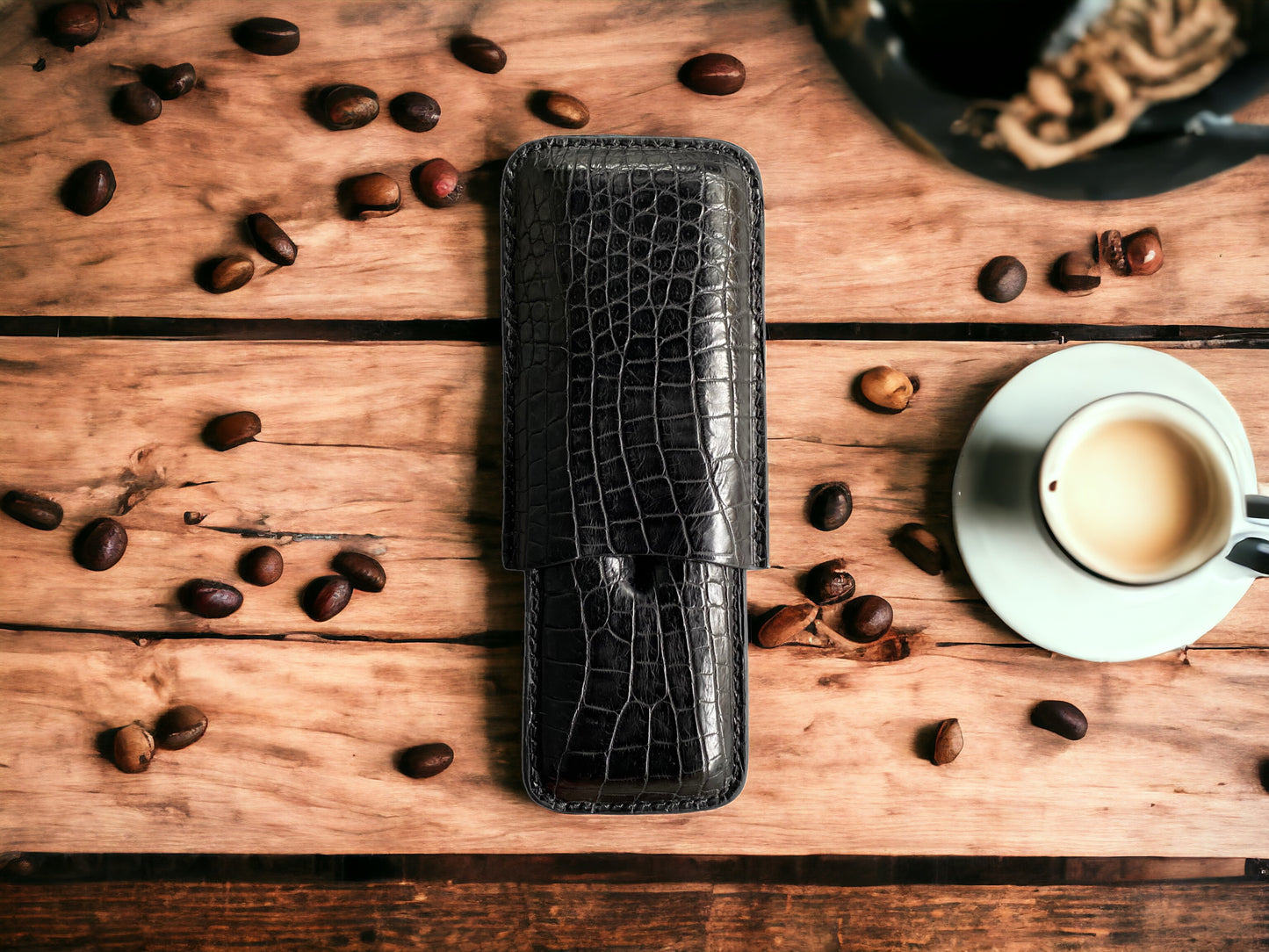 Handmade Luxury Black Alligator Cigar Case, Leather Cigar Humidor, 2 to 3 Tubes Cigar Case