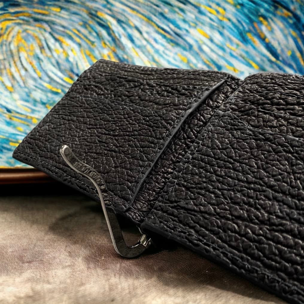 Custom Minimalist Black Shark Skin Leather Money Clip