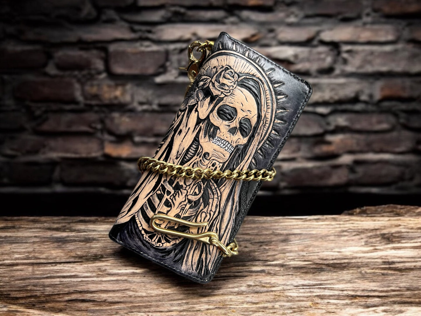 Santa Muerte Leather Carving Long Wallet