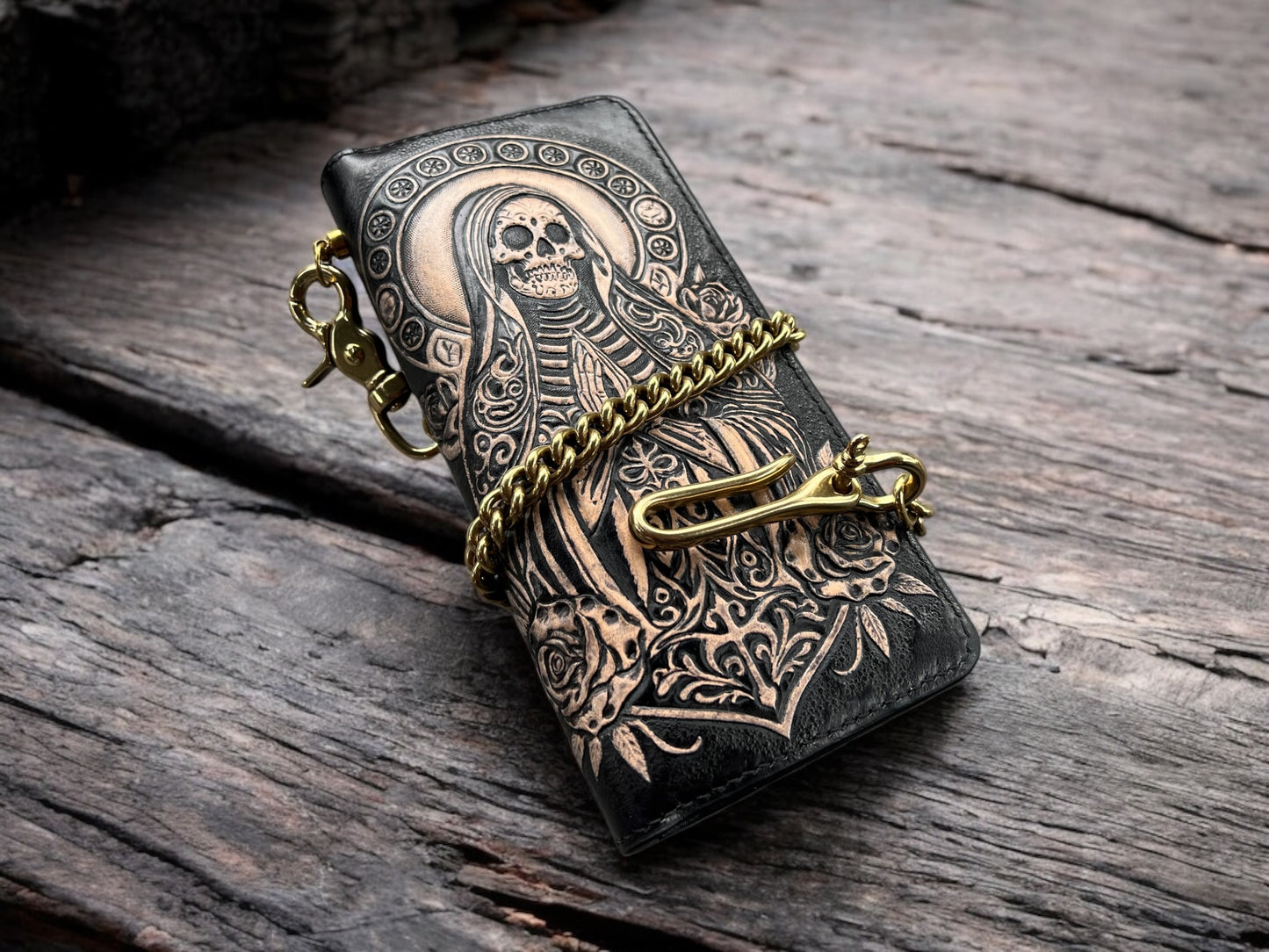 Santa Muerte Leather Carving Long Wallet