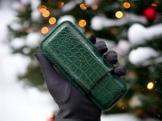 Handmade Luxury Green Alligator Cigar Case, Leather Cigar Humidor, 2 to 3 Tubes Cigar Case