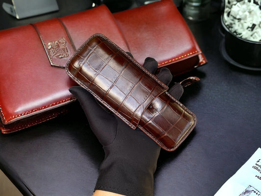 Handmade Brown Italy Printed Cowhide Leather Cigar Case, Leather Cigar Humidor, 2 to 3 Tubes Cigar Case