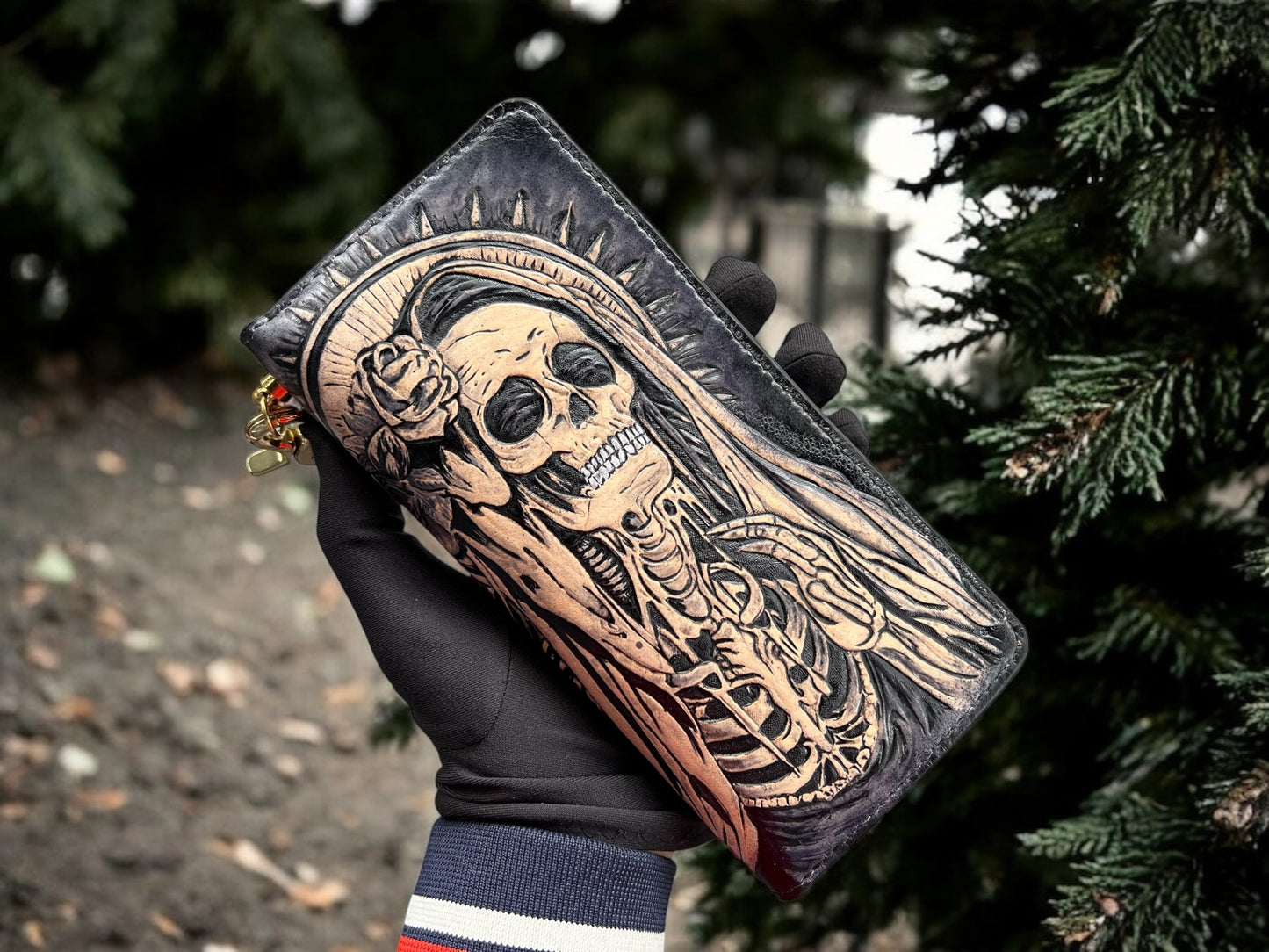 Santa Muerte Leather Carving Long Wallet