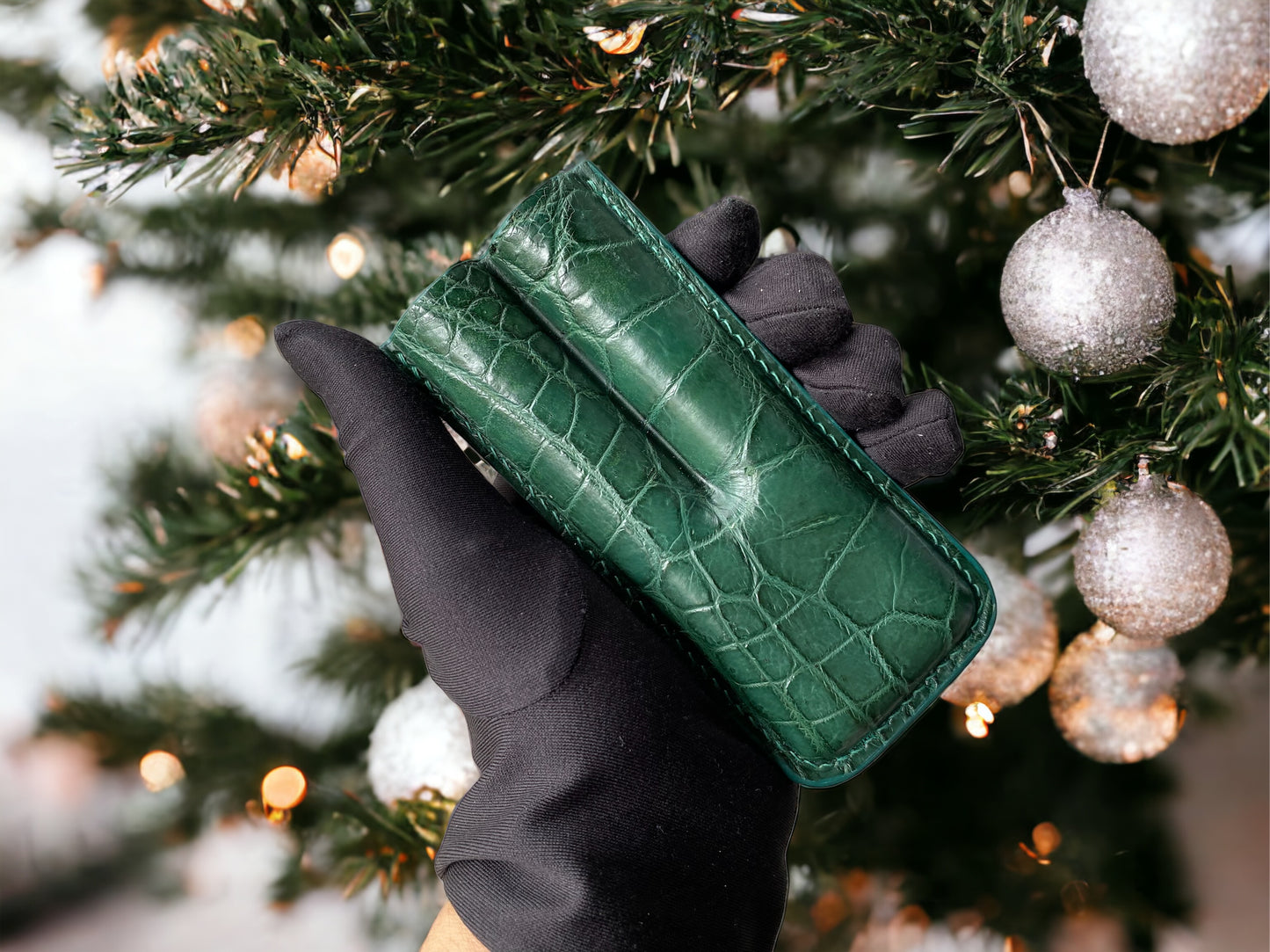 Handmade Luxury Green Alligator Cigar Case, Leather Cigar Humidor, 2 to 3 Tubes Cigar Case