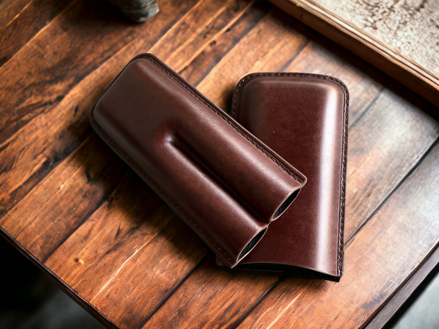 Handmade Dark Brown Leather Cigar Case, Leather Cigar Humidor, 2 to 3 Tubes Cigar Case