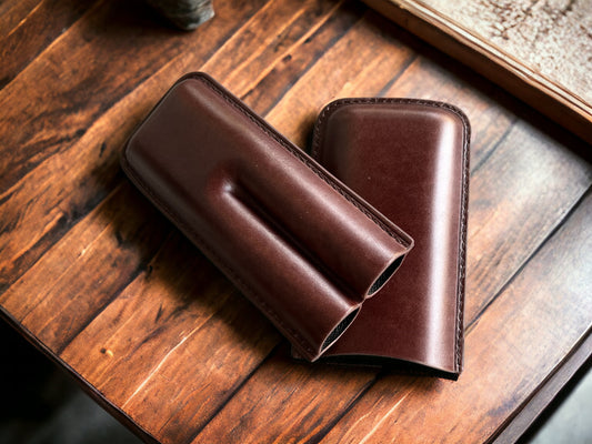 Handmade Dark Brown Leather Cigar Case, Leather Cigar Humidor, 2 to 3 Tubes Cigar Case
