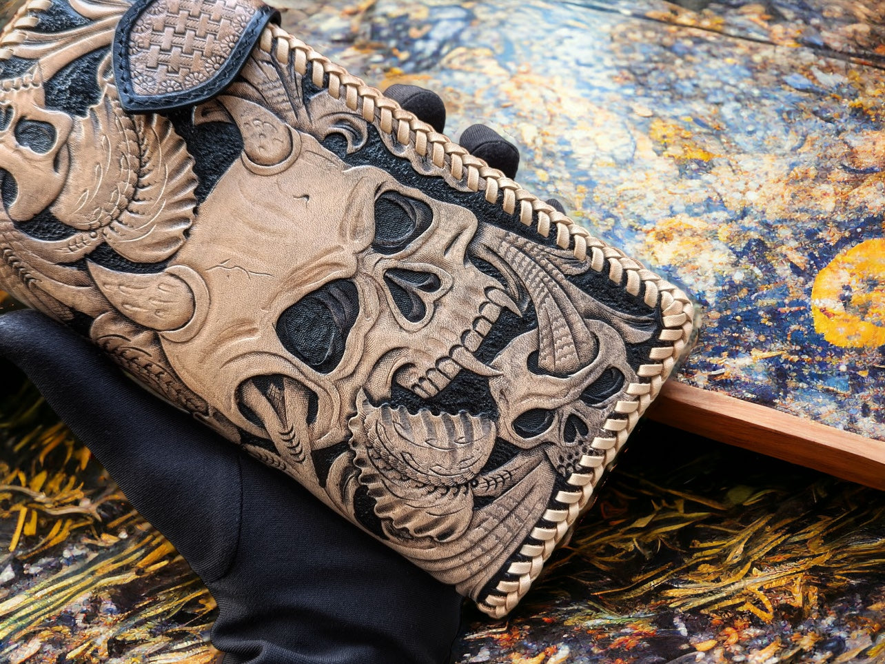 Custom Hand-Carved Skull Long Wallet