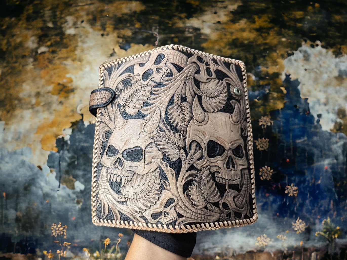 Custom Hand-Carved Skull Long Wallet