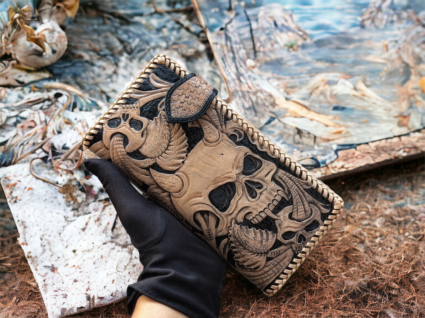 Custom Hand-Carved Skull Long Wallet