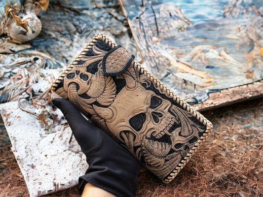 Custom Hand-Carved Skull Long Wallet