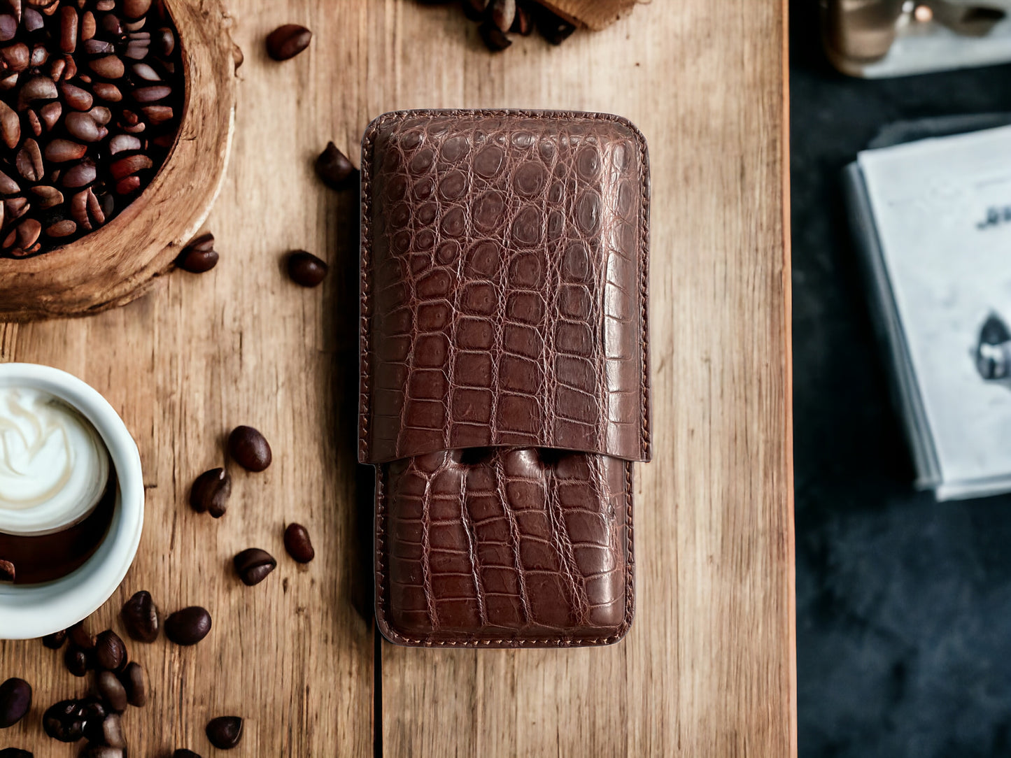 Handmade Luxury Brown Alligator Cigar Case, Leather Cigar Humidor, 2 to 3 Tubes Cigar Case