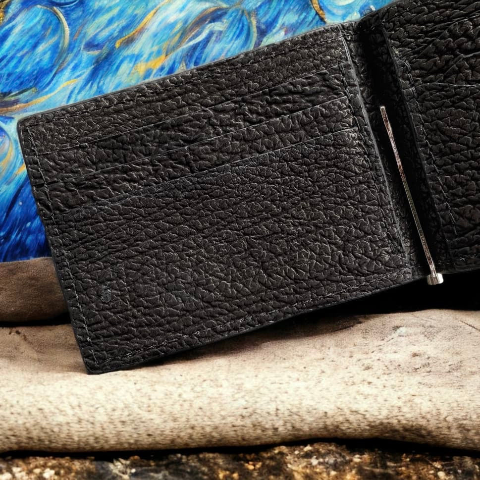 Custom Minimalist Black Shark Skin Leather Money Clip