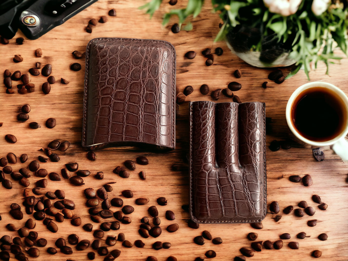 Handmade Luxury Brown Alligator Cigar Case, Leather Cigar Humidor, 2 to 3 Tubes Cigar Case