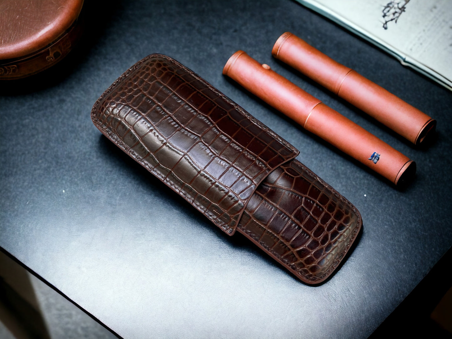 Handmade Dark Brown Italy Printed Cowhide Leather Cigar Case, Leather Cigar Humidor, 2 to 3 Tubes Cigar Case