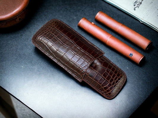 Handmade Dark Brown Italy Printed Cowhide Leather Cigar Case, Leather Cigar Humidor, 2 to 3 Tubes Cigar Case