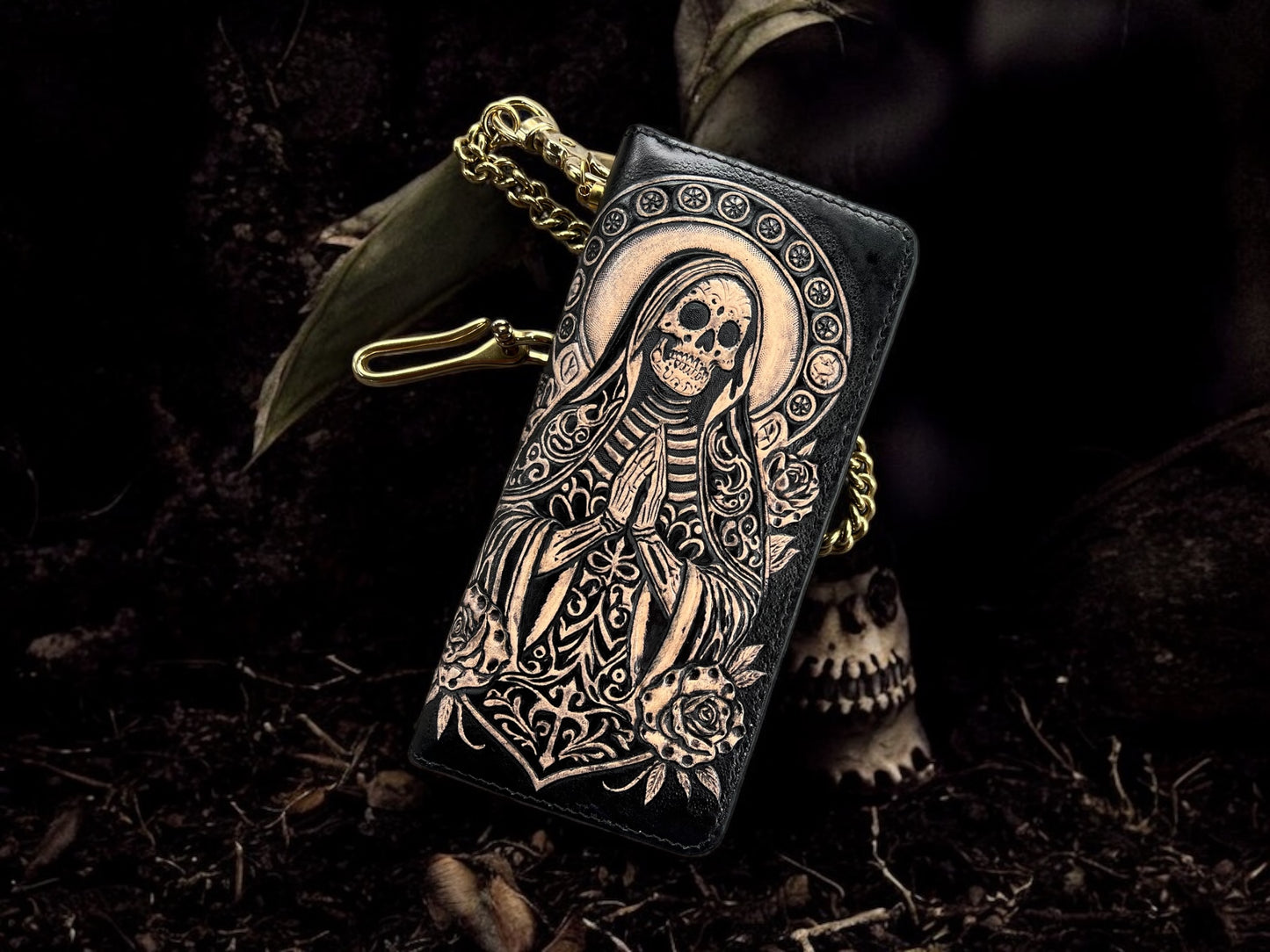 Santa Muerte Leather Carving Long Wallet