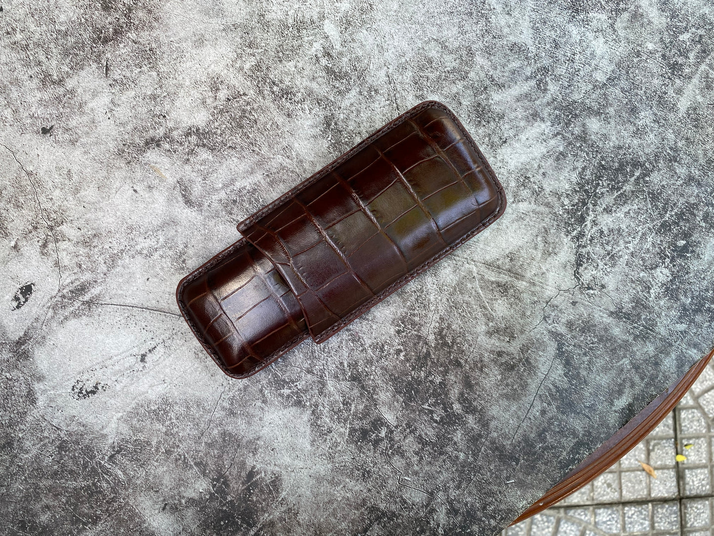 Handmade Brown Italy Printed Cowhide Leather Cigar Case, Leather Cigar Humidor, 2 to 3 Tubes Cigar Case