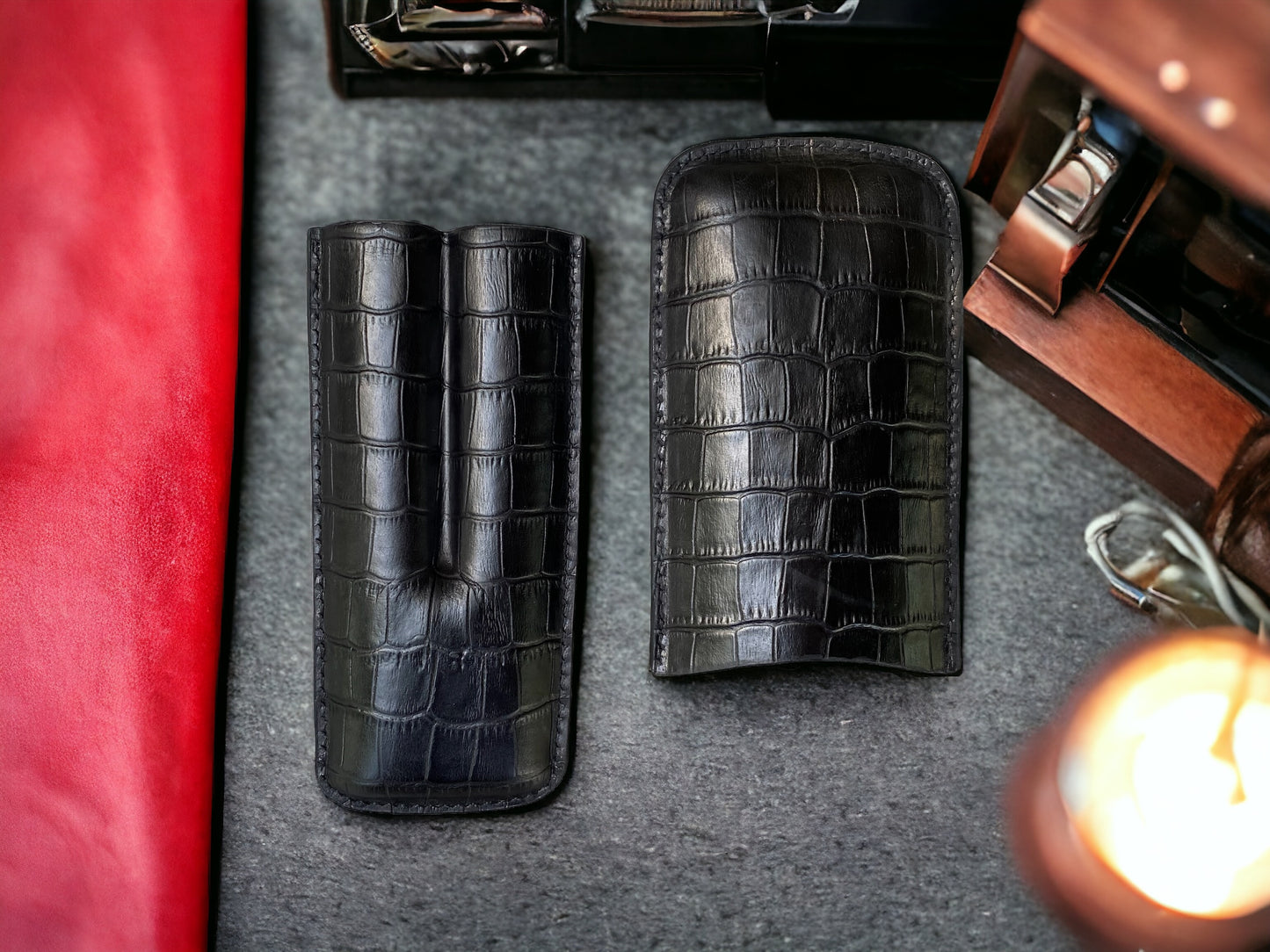 Handmade Black Italy Printed Cowhide Leather Cigar Case, Leather Cigar Humidor, 2 to 3 Tubes Cigar Case
