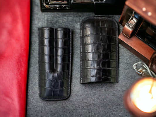Handmade Black Italy Printed Cowhide Leather Cigar Case, Leather Cigar Humidor, 2 to 3 Tubes Cigar Case