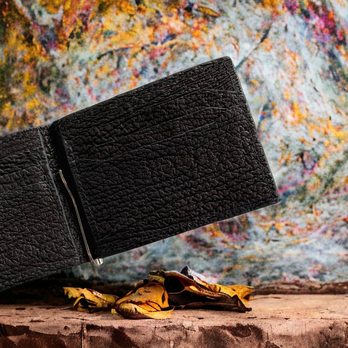 Custom Minimalist Black Shark Skin Leather Money Clip