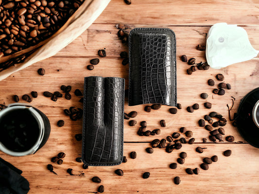 Handmade Luxury Black Alligator Cigar Case, Leather Cigar Humidor, 2 to 3 Tubes Cigar Case