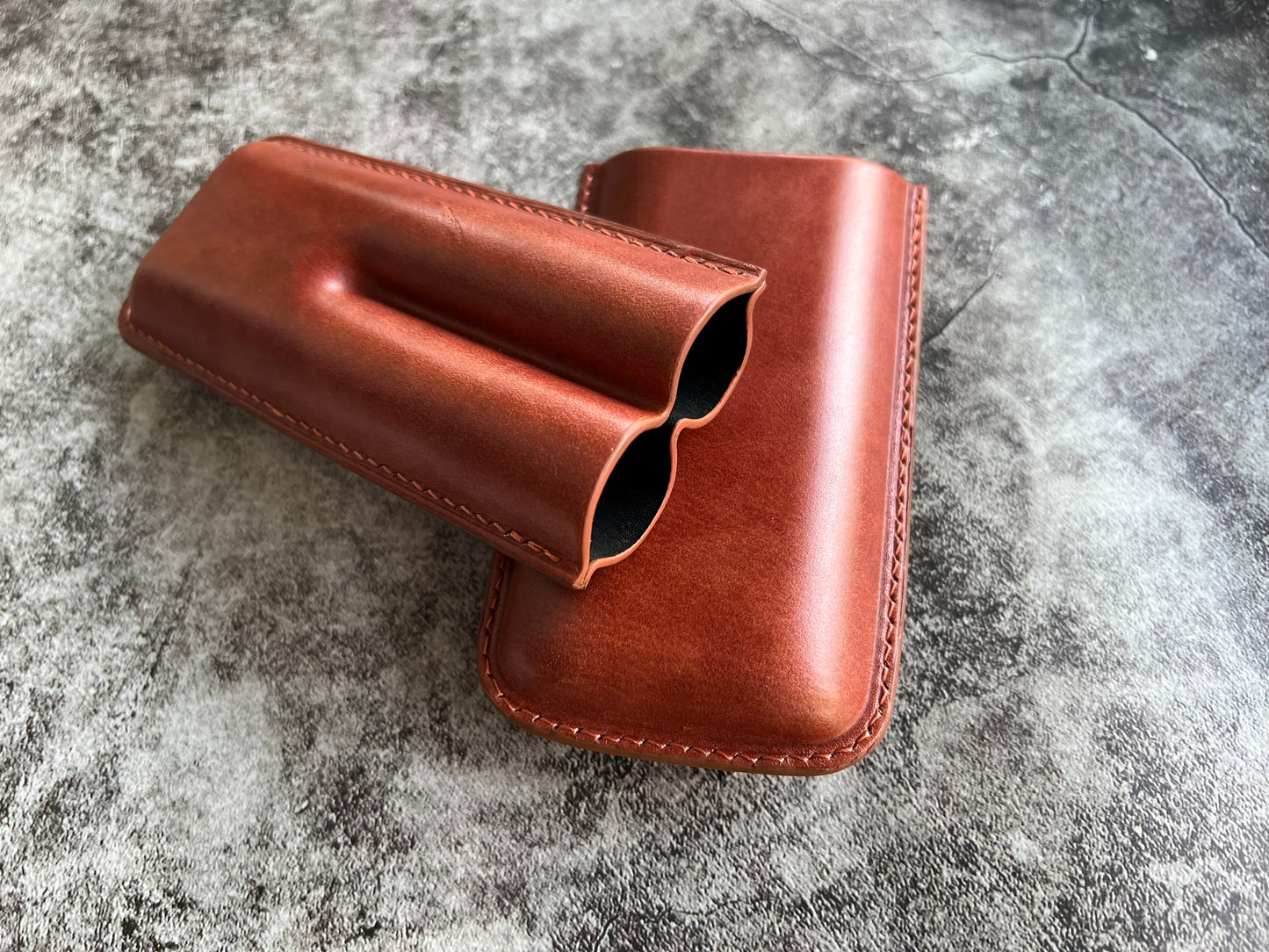 Handmade Cognac Leather Cigar Case, Leather Cigar Humidor, 2 to 3 Tubes Cigar Case
