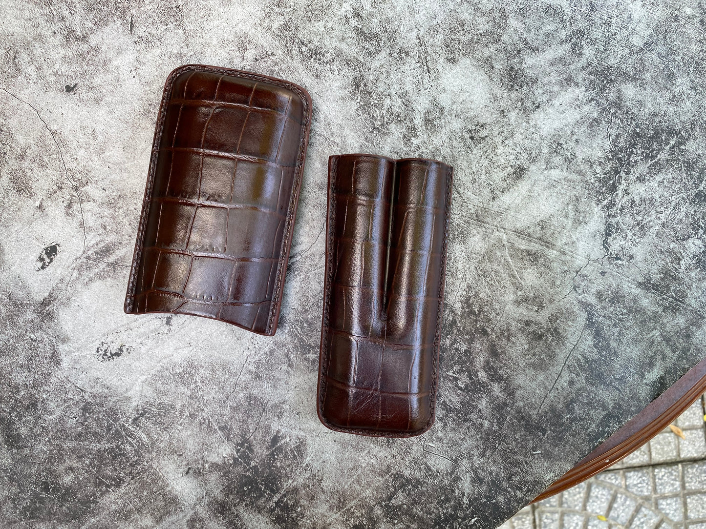 Handmade Brown Italy Printed Cowhide Leather Cigar Case, Leather Cigar Humidor, 2 to 3 Tubes Cigar Case