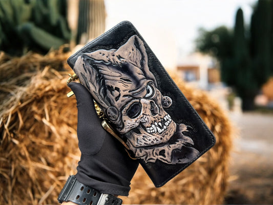 Skull Joker Leather Carving Long Wallet