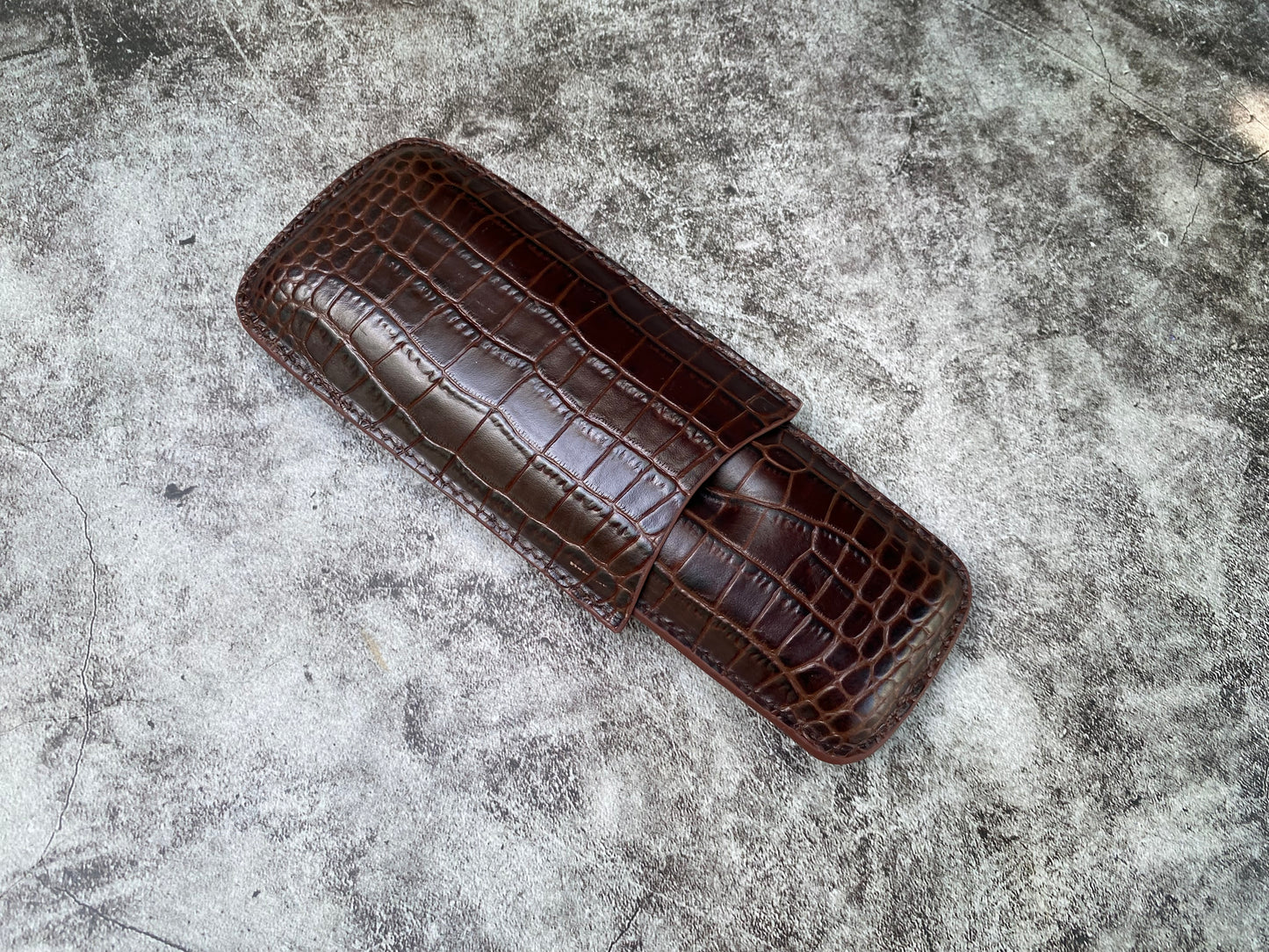 Handmade Dark Brown Italy Printed Cowhide Leather Cigar Case, Leather Cigar Humidor, 2 to 3 Tubes Cigar Case