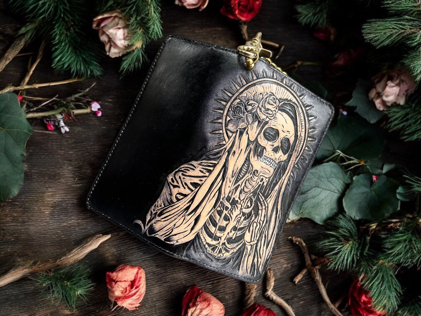 Santa Muerte Leather Carving Long Wallet
