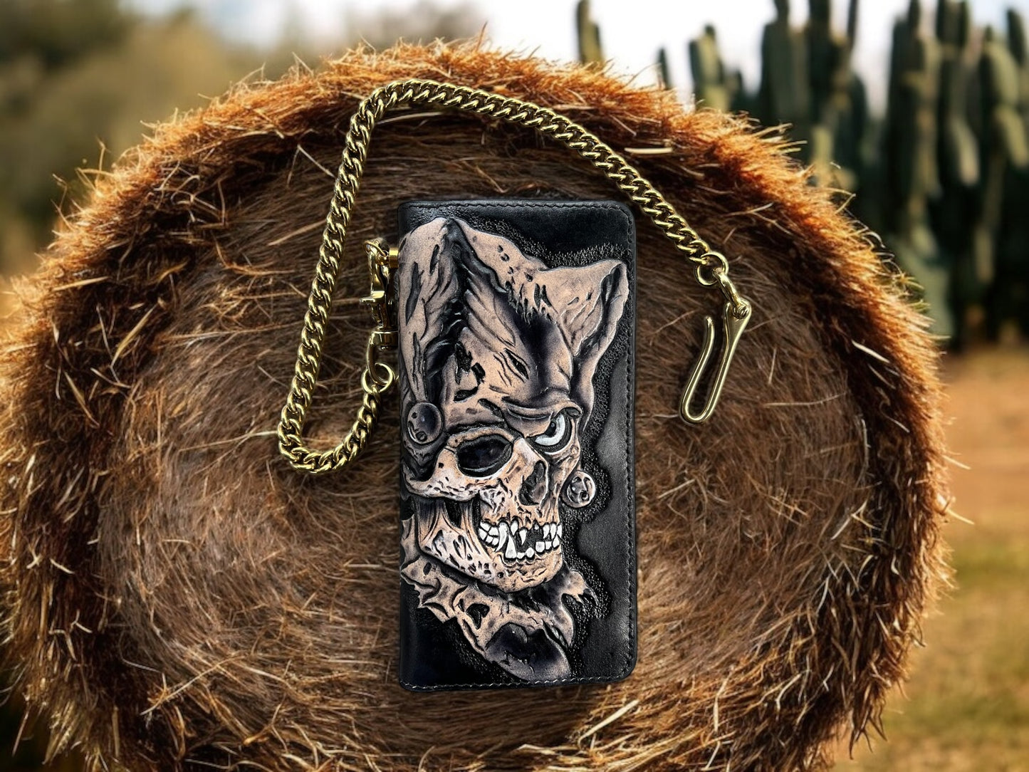 Skull Joker Leather Carving Long Wallet