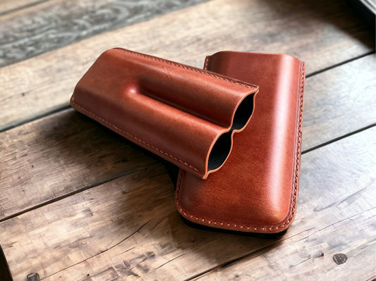 Handmade Cognac Leather Cigar Case, Leather Cigar Humidor, 2 to 3 Tubes Cigar Case