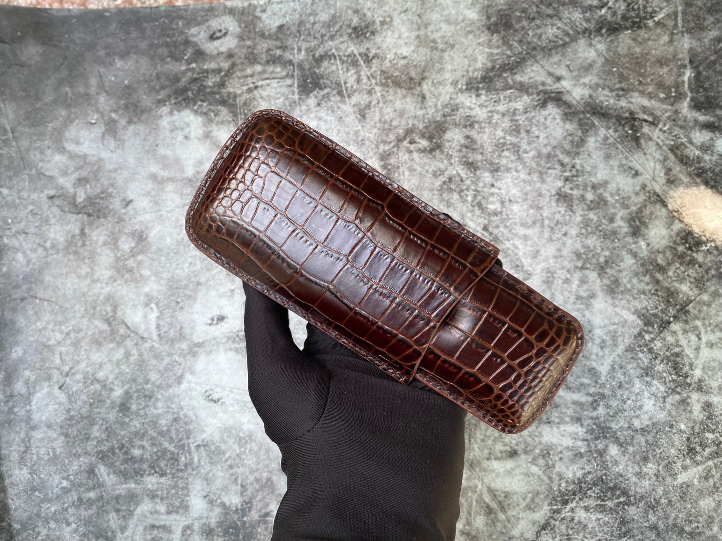 Handmade Dark Brown Italy Printed Cowhide Leather Cigar Case, Leather Cigar Humidor, 2 to 3 Tubes Cigar Case