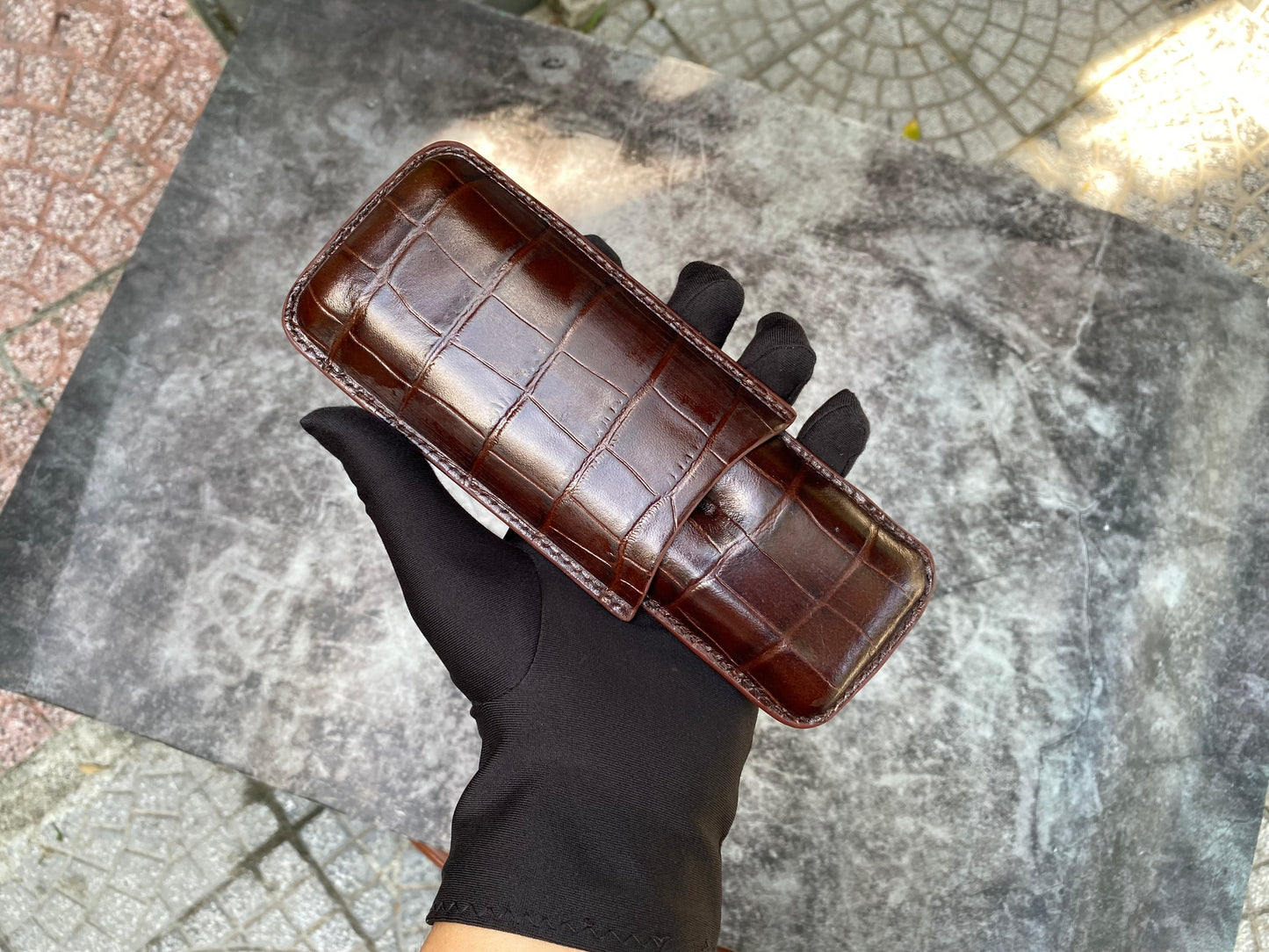 Handmade Brown Italy Printed Cowhide Leather Cigar Case, Leather Cigar Humidor, 2 to 3 Tubes Cigar Case
