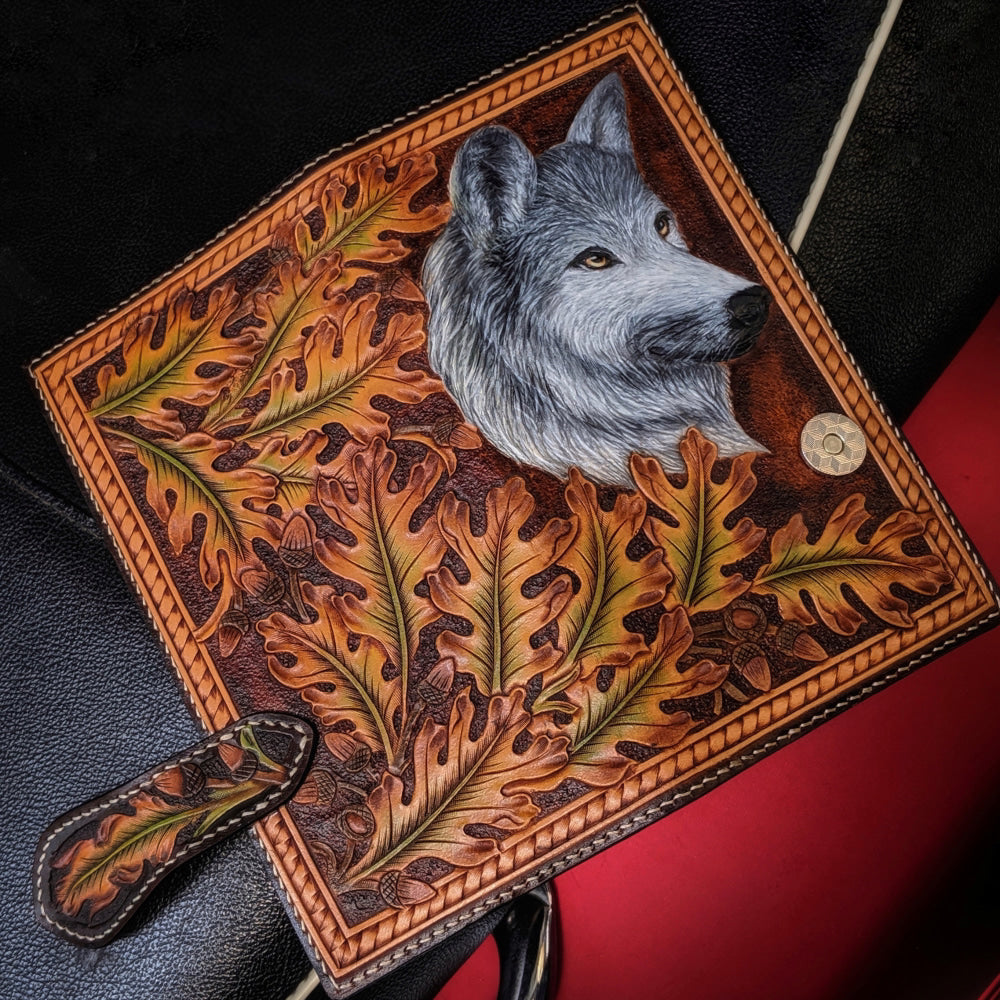 Custom Hand-Carved Wolf Long Wallet