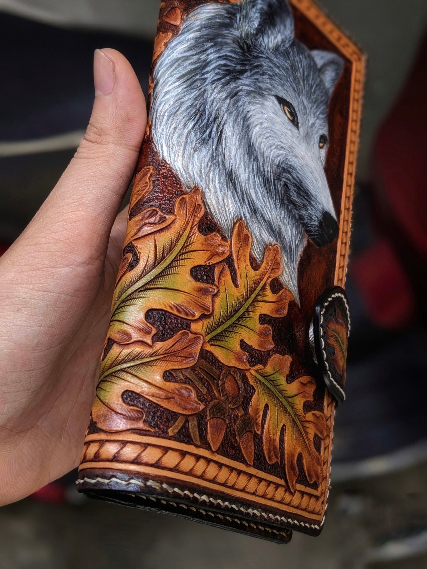 Custom Hand-Carved Wolf Long Wallet