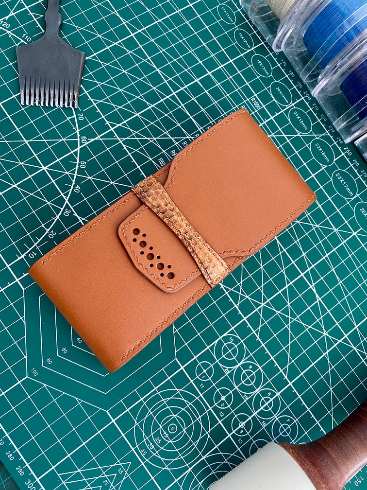 Custom Brown Cowhide And Snake Skin Pen Case