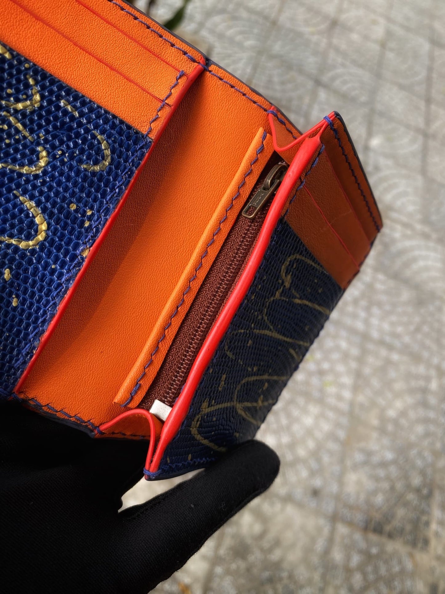 Custom Navy Blue Lizard Mix Gold Wallet with Coin Pocket