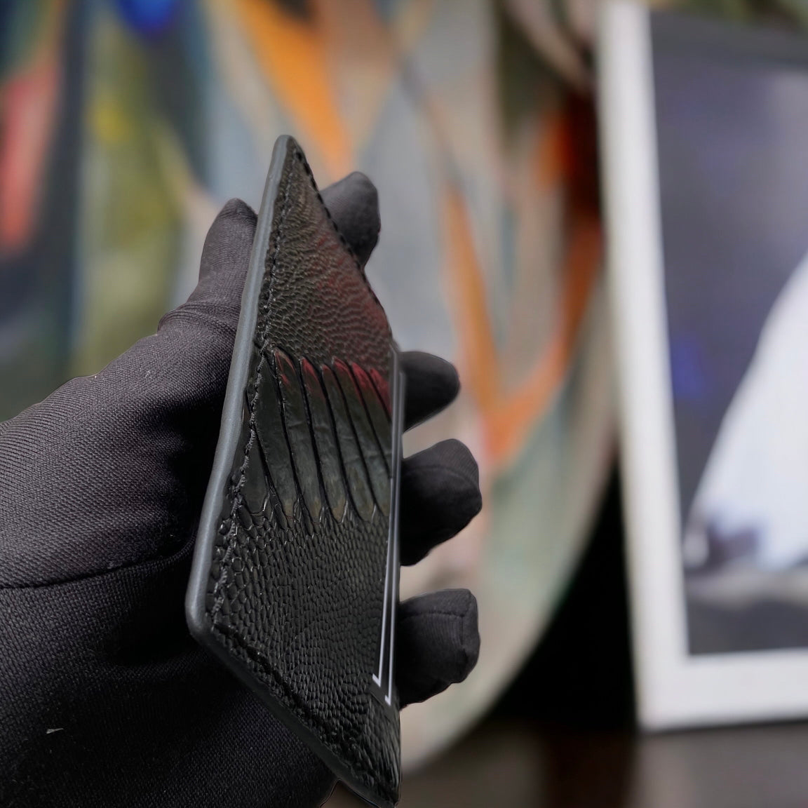 Custom Black Ostrich Leg Card Holder