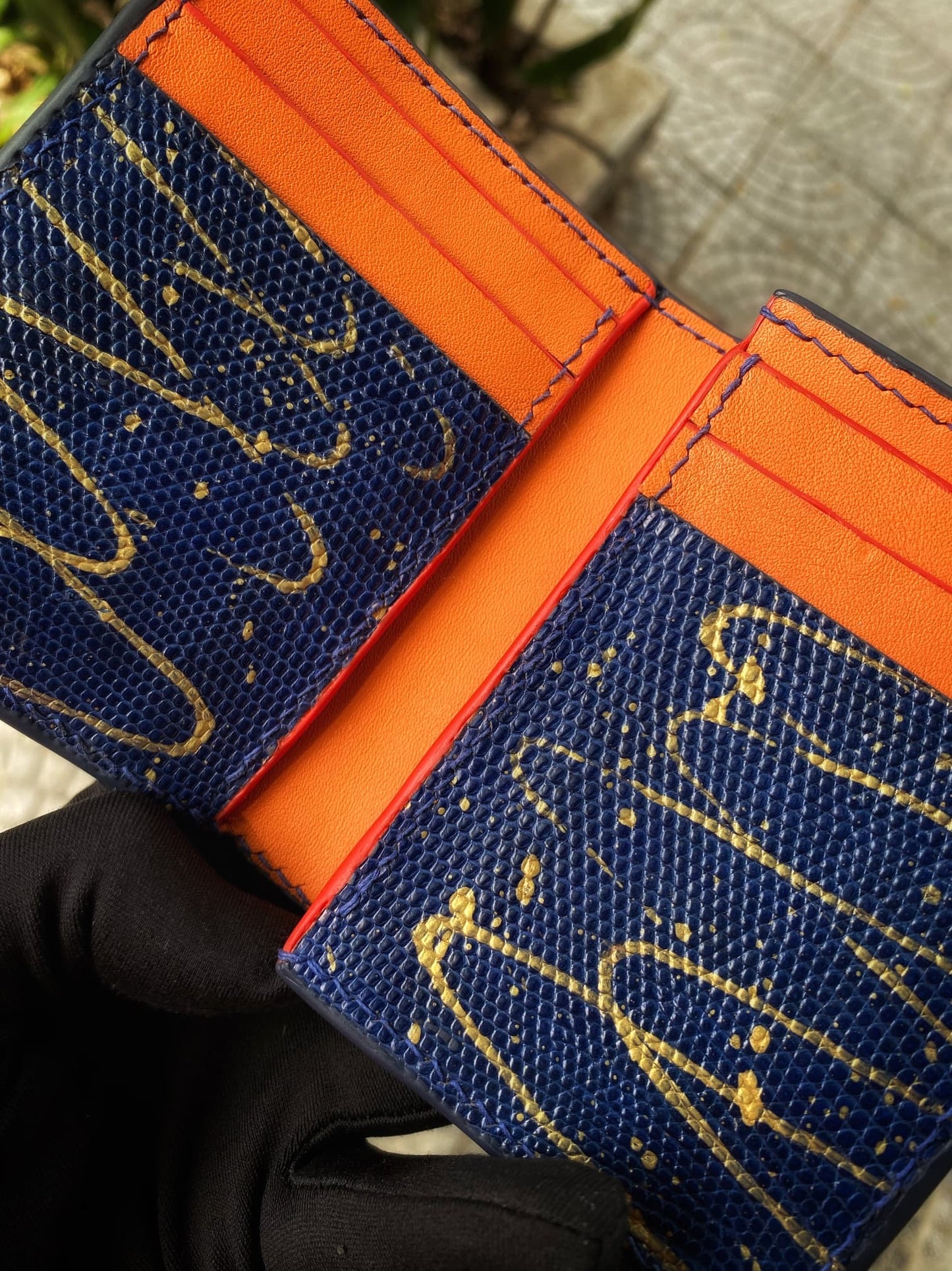 Custom Navy Blue Lizard Mix Gold Wallet with Coin Pocket