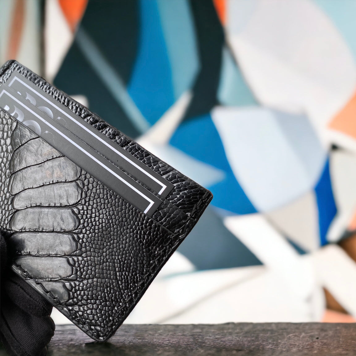 Custom Black Ostrich Leg Card Holder