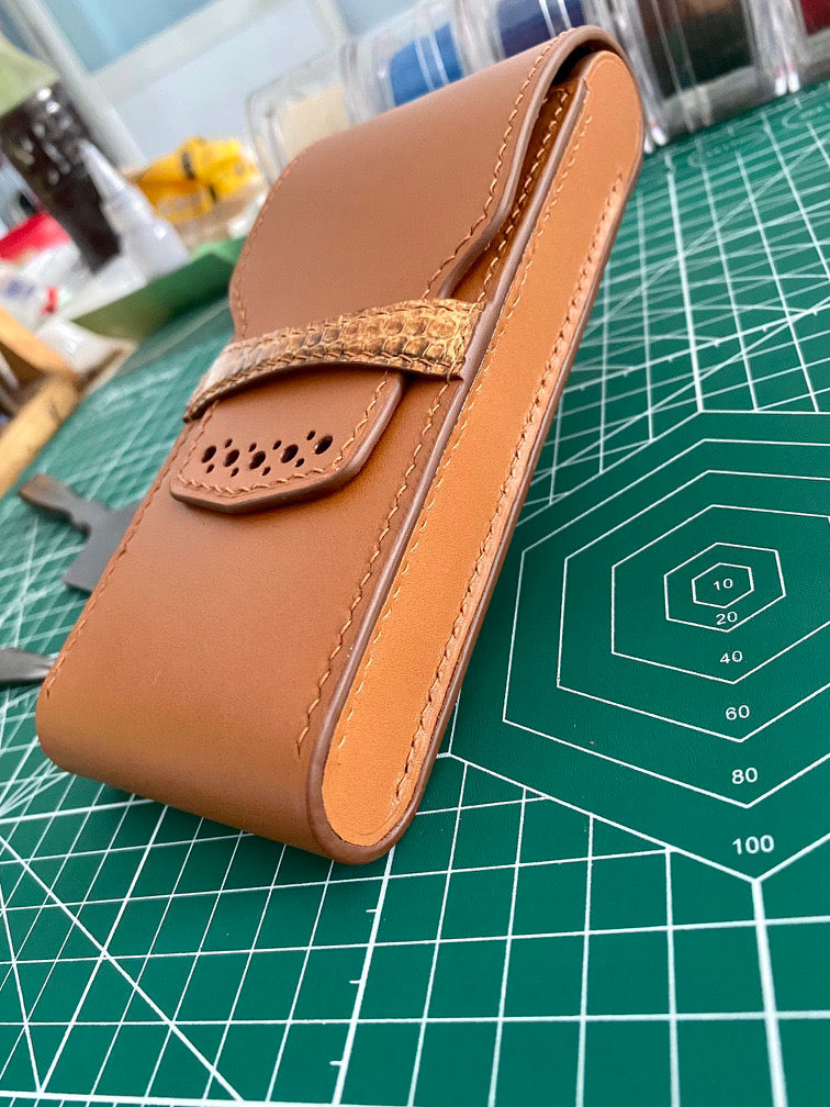 Custom Brown Cowhide And Snake Skin Pen Case