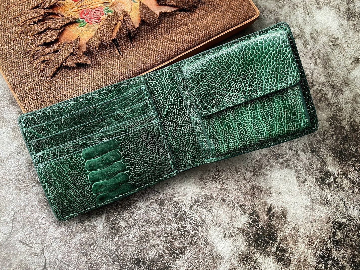 Custom Green Ostrich Leg Wallet with Coin Pocket