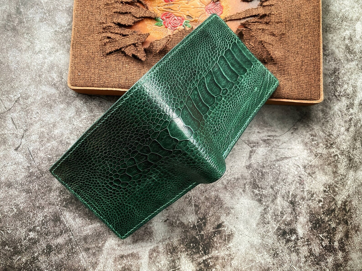 Custom Green Ostrich Leg Wallet with Coin Pocket