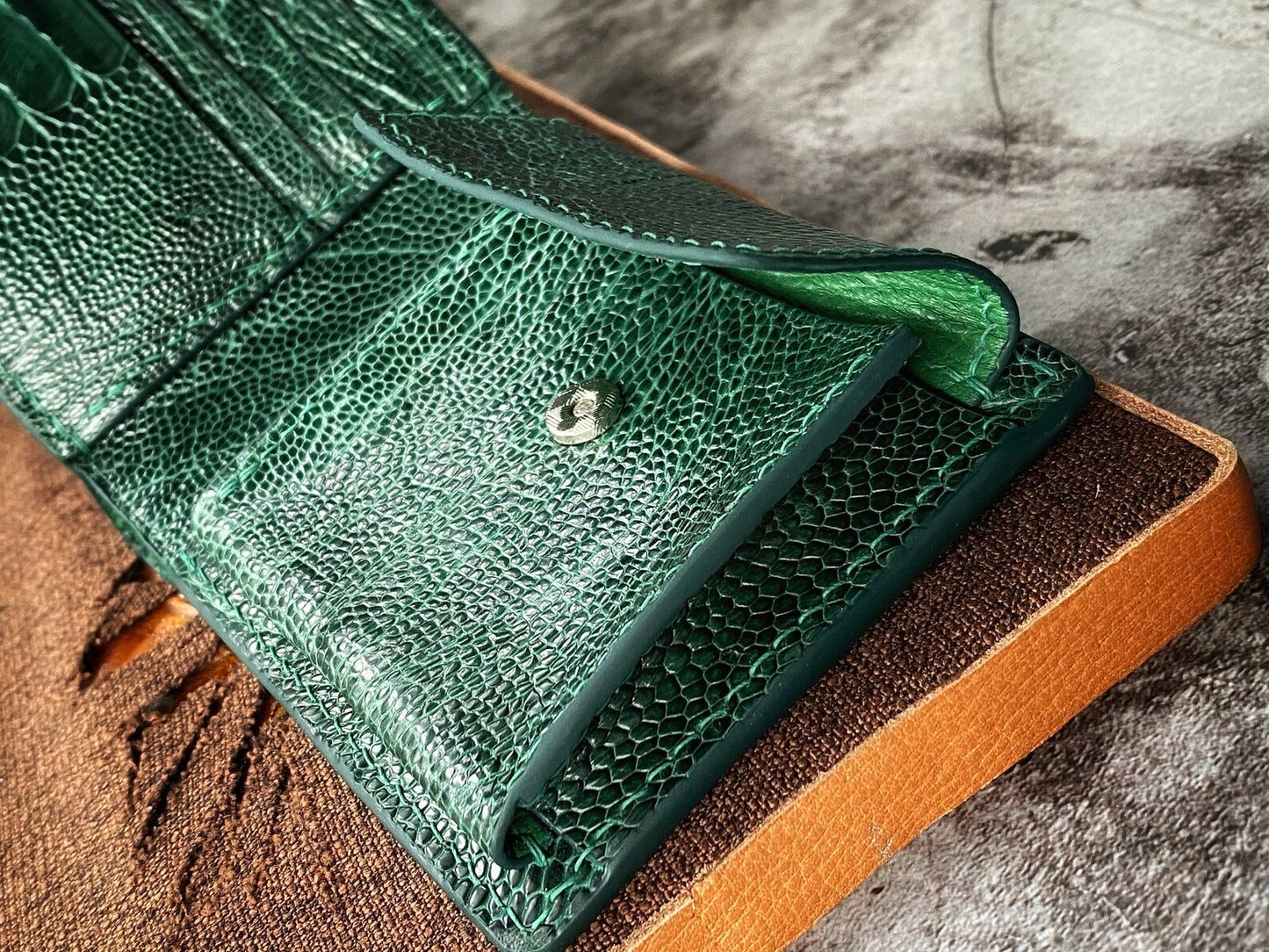 Custom Green Ostrich Leg Wallet with Coin Pocket