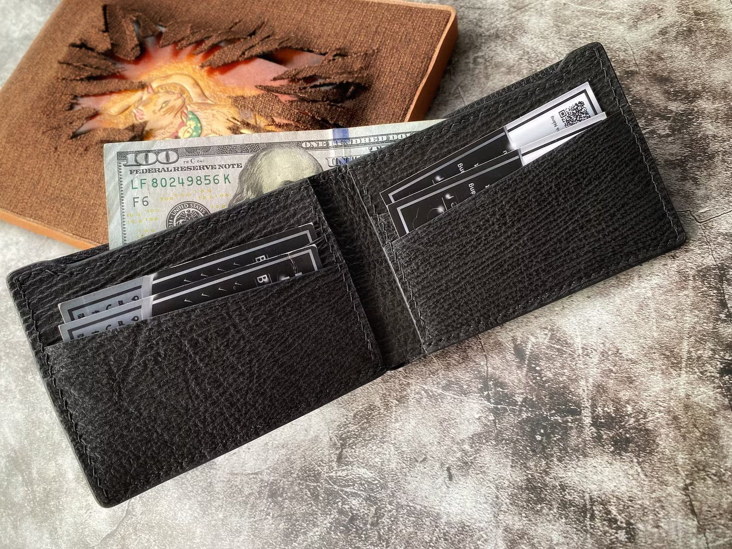 Minimalist Black Shark Skin Leather Wallet