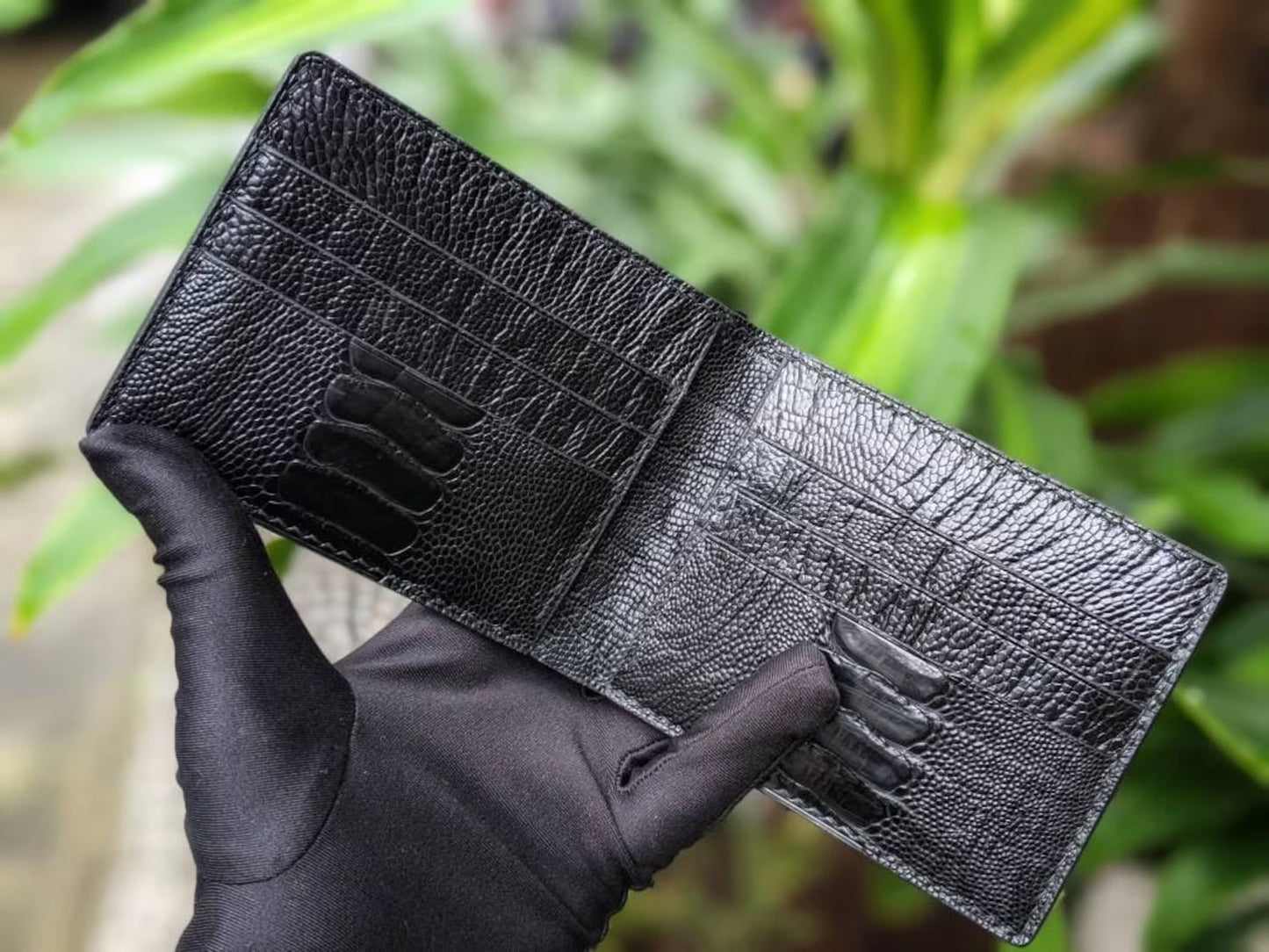 Black Ostrich Leg Leather Wallet